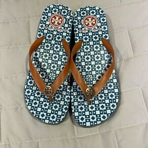 Tory Burch size 9 thin strap wedge flip flops. Used but in good condition